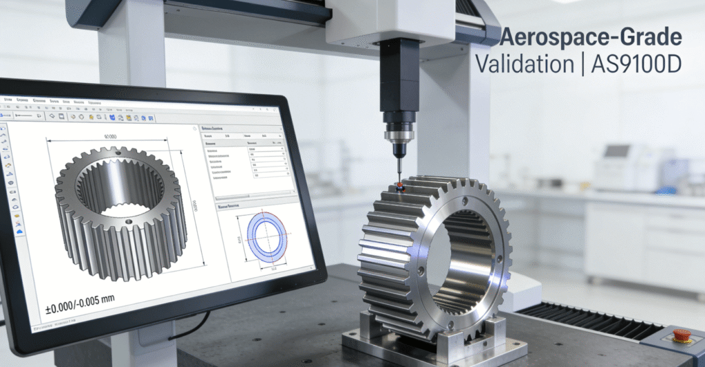 coordinate measuring machine (CMM) performing a final quality inspection on a custom gear bushing for aerospace applications, with dimensional data displayed on screen.
