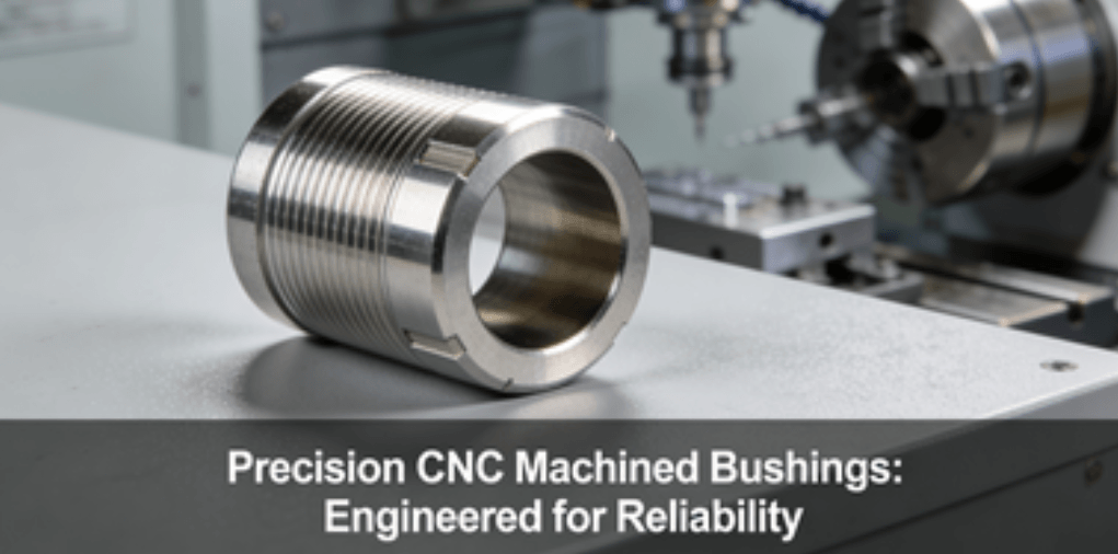 Close-up of a precision CNC machined stainless steel bushing with a flawless surface finish, set against a backdrop of advanced manufacturing equipment.