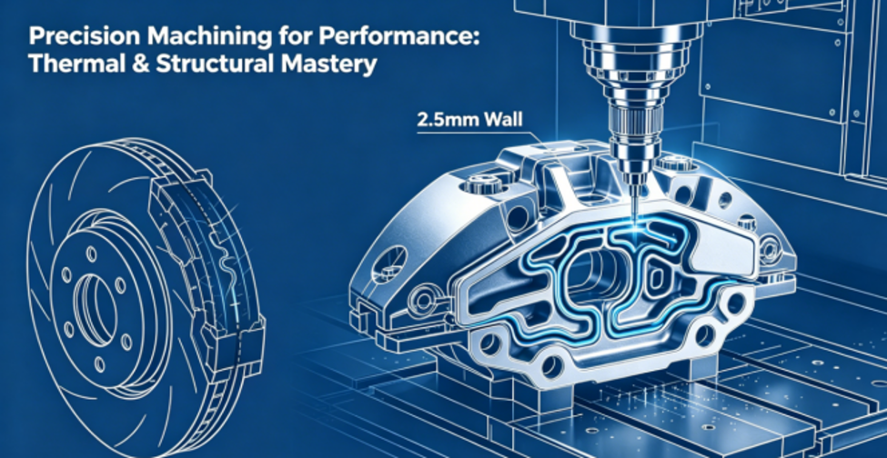Cross-section technical diagram illustrating stress management in brake rotor turning and thin-wall machining of aluminum caliper with 5-axis mill-turn.