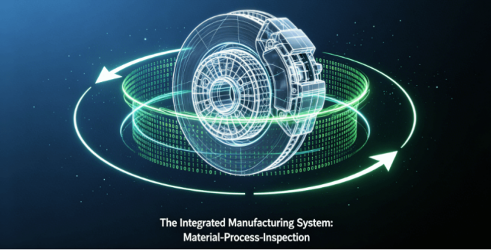 3D wireframe model of brake disc and caliper divided into Material, Process, and Inspection layers, symbolizing the integrated manufacturing system